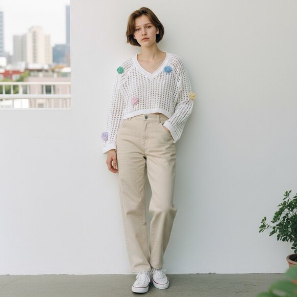 wild fable Tops - Wild Fable Junior Open-Knit Cropped Sweater w/ Colorful Crochet Flowers Medium